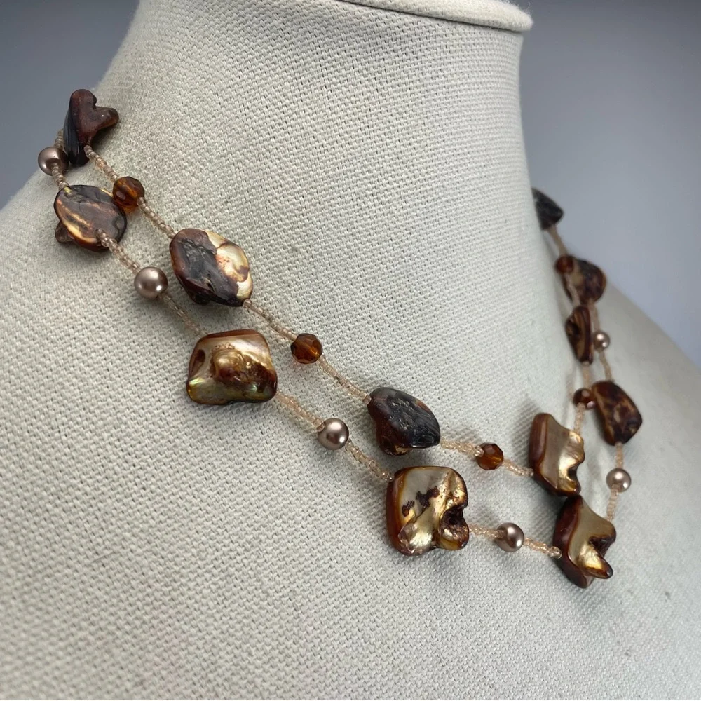 Mother of Pearl Glass Beaded Necklace Artisan Brown Tortoise Color Layer